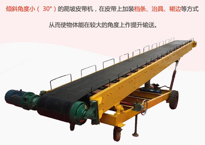 傾斜角度?。?30°）的爬坡皮帶機(jī)，在皮帶上加裝檔條、治具、裙邊等方式從而使物體能在較大的角度上作提升輸送。